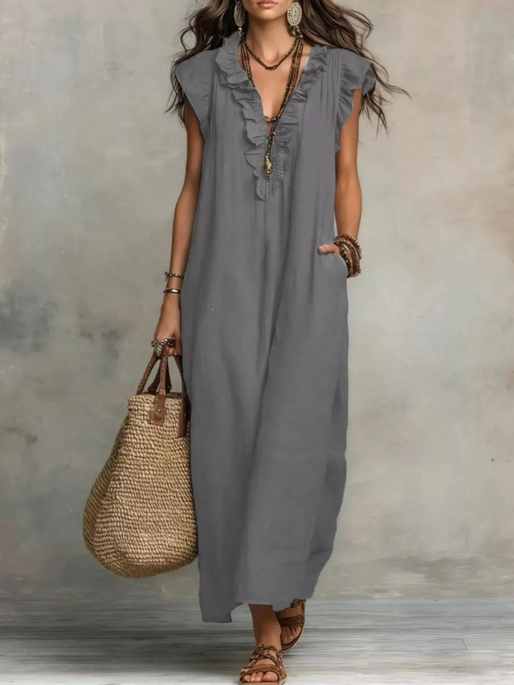 Full Size Ruffled V-Neck Cap Sleeve Maxi Dress Plus Size by Shopiebay
