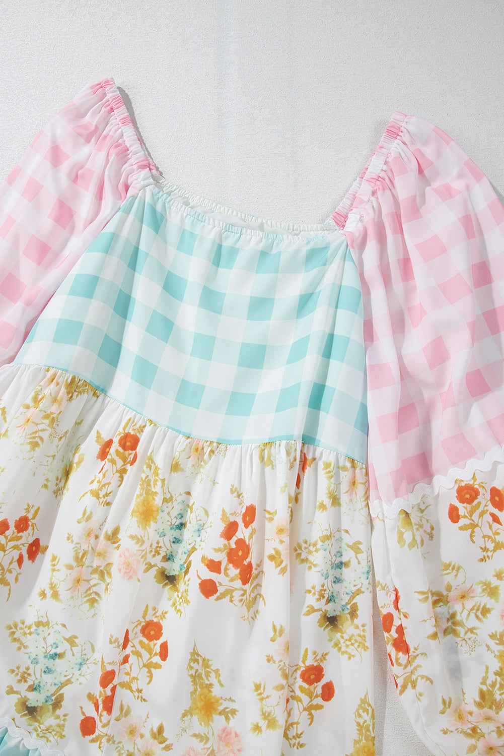 Pink Ric Rac Plaid Floral Print Patchwork Bubble Sleeve Dress by Wild and Free Boutique