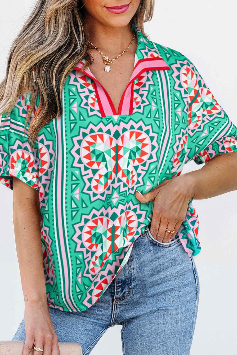 Sea Green Boho Abstract Print Contrast Striped Collared V Neck Blouse by Wild and Free Boutique