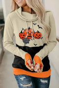 Cowl Neck Pumpkin Print Color Block Halloween Sweatshirt by Femstylo