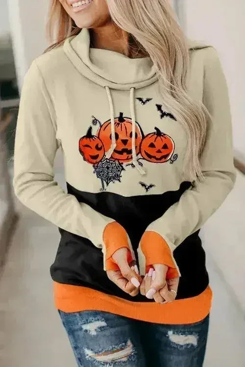 Cowl Neck Pumpkin Print Color Block Halloween Sweatshirt by Femstylo