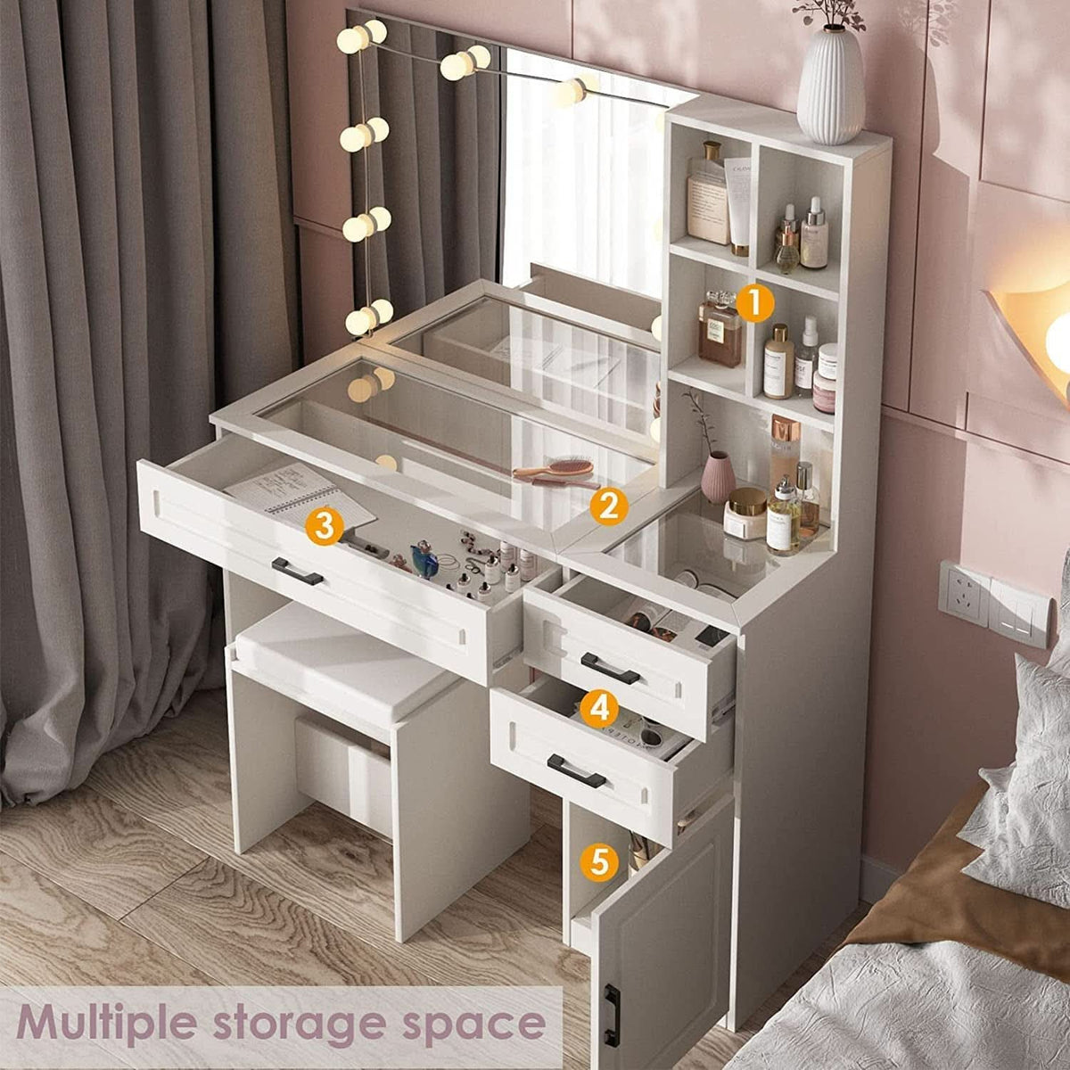 White Vanity Table Set With Glass Top Hollywood Mirror by ShipItFurniture