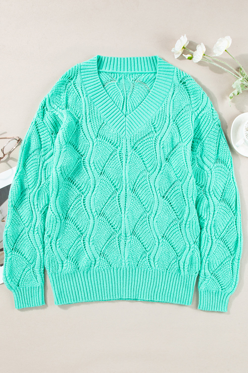 Mint Green Hollow Out Knit V Neck Drop Shoulder Sweater by Wild and Free Boutique