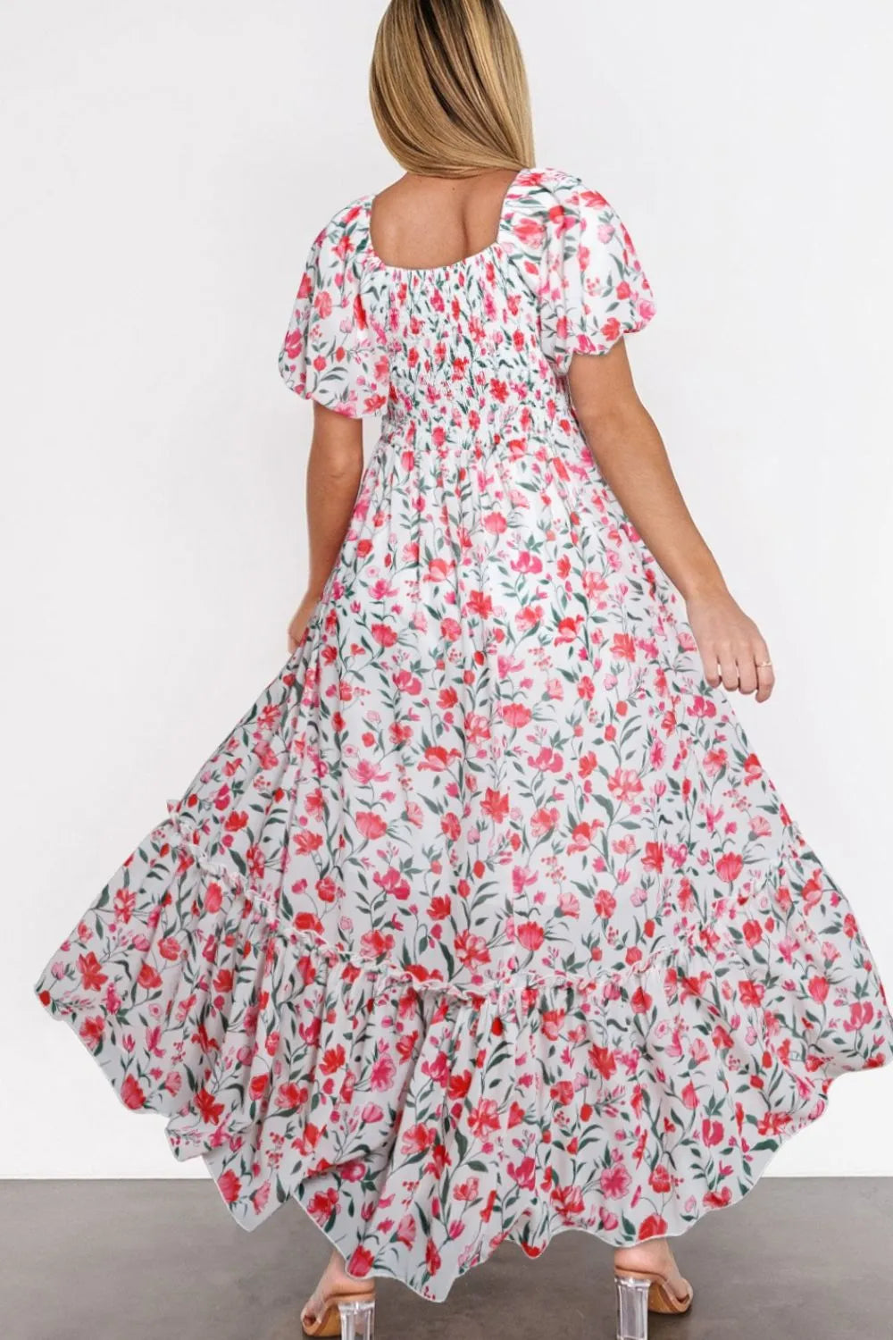 Floral Short Puff Sleeve Tiered Dress by Simply Love
