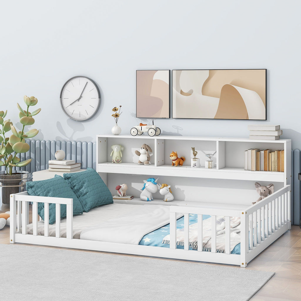 Floor Bed With Side Bookcase, Shelves, Guardrails by Unique Piece Furniture