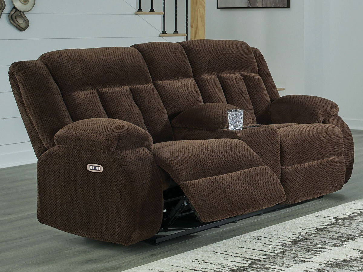 Free Wake - Double Relcining Power Loveseat With Console - Chocolate by Unique Piece Furniture
