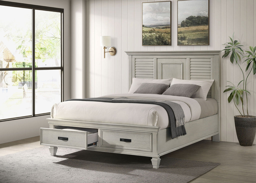 Franco Wood Queen Storage Panel Bed Distressed White by Unique Piece Furniture