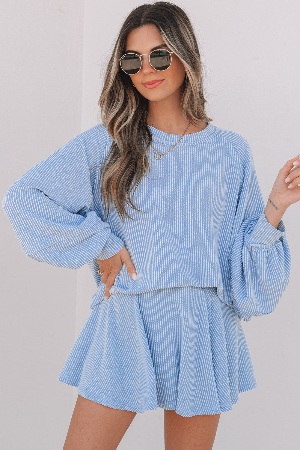 Jet Stream Corded Lantern Sleeve Top High Waist Ruffled Mini Skirt Set by Wild and Free Boutique