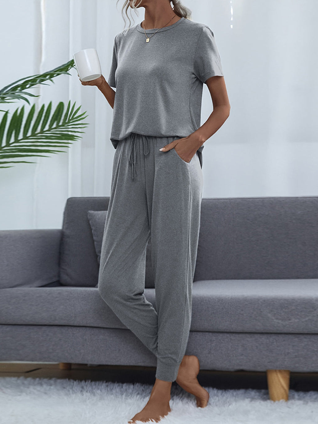 Shiny Round Neck Short Sleeve Top and Pants Set by Wild and Free Boutique