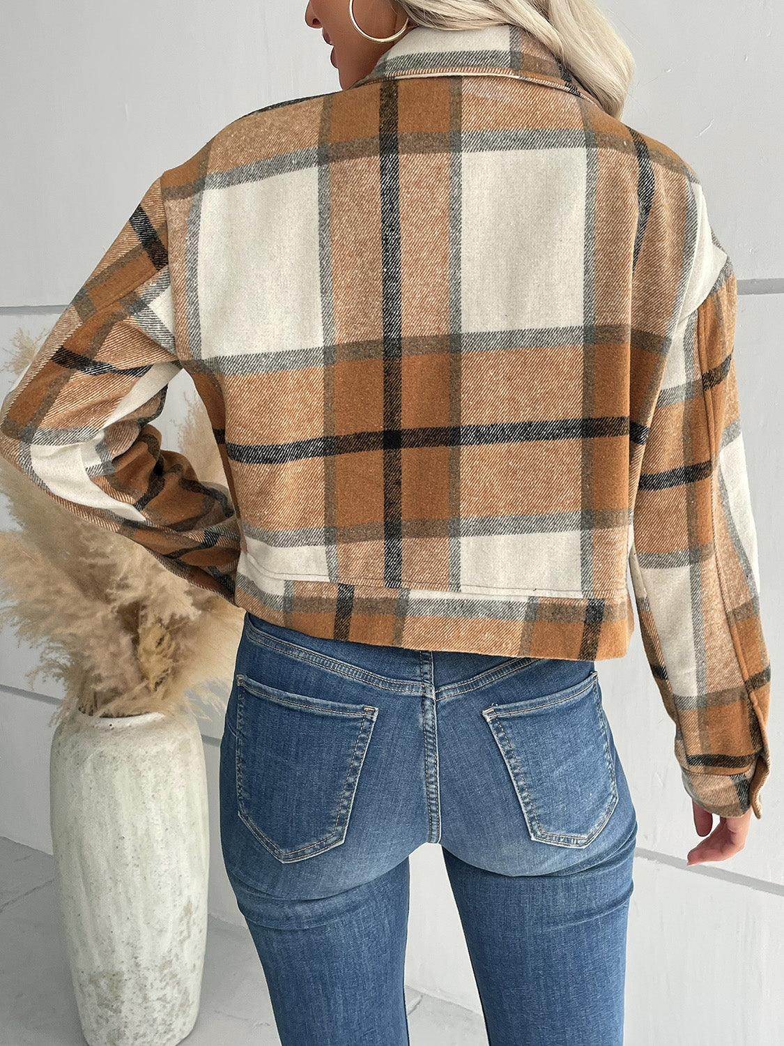 Perfee Plaid Button Up Drop Shoulder Cropped Jacket for Women by Selvanelle