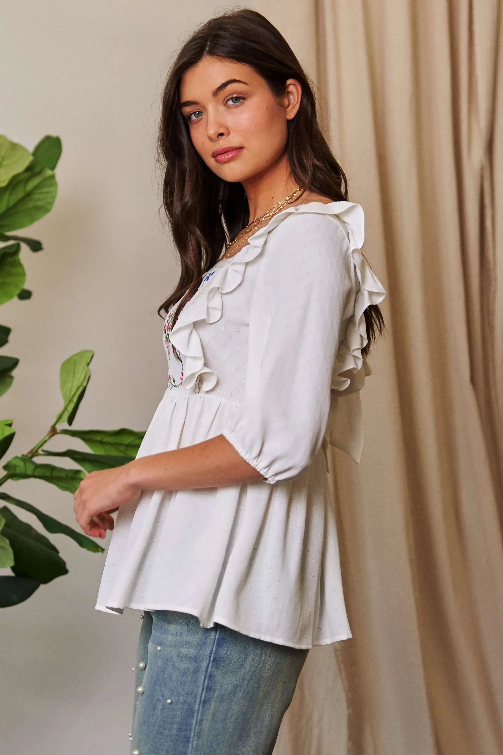 Davi & Dani Texture Tie Back Floral Embroidery Frill Blouse by Wild and Free Boutique
