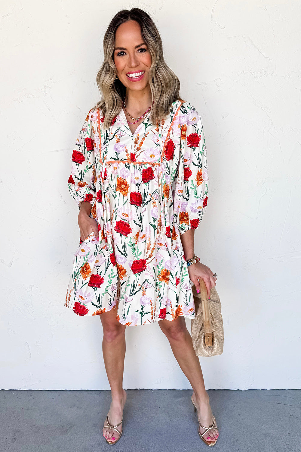 Beige Floral Print 3/4 Puff Sleeve Ricrac Trim Mini Dress by Wild and Free Boutique