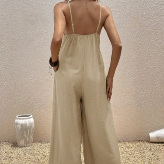 Women’s Casual Suspender Jumpsuit – V-Neck Solid Color Sleeveless One-Piece by FitiqueFit