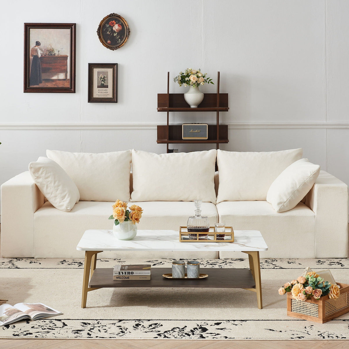 Coffee Table Rectangular Center Table For Living Room Open Space Side Table With Metal Frame - Golden / White by Unique Piece Furniture