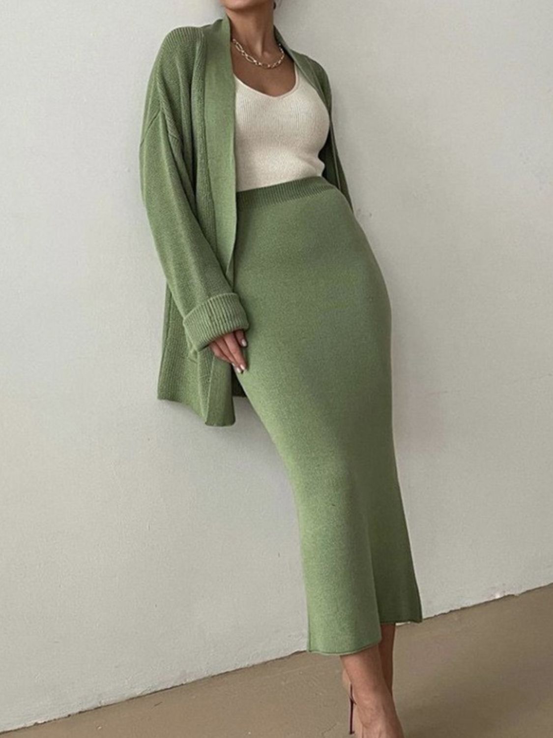 Pocketed Long Sleeve Cardigan and Skirt Sweater Set by Wild and Free Boutique