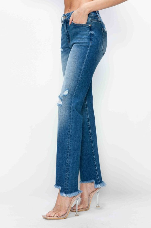 bytos Full Size Raw Hem Distressed Mid Rise Straight Jeans by Wild and Free Boutique