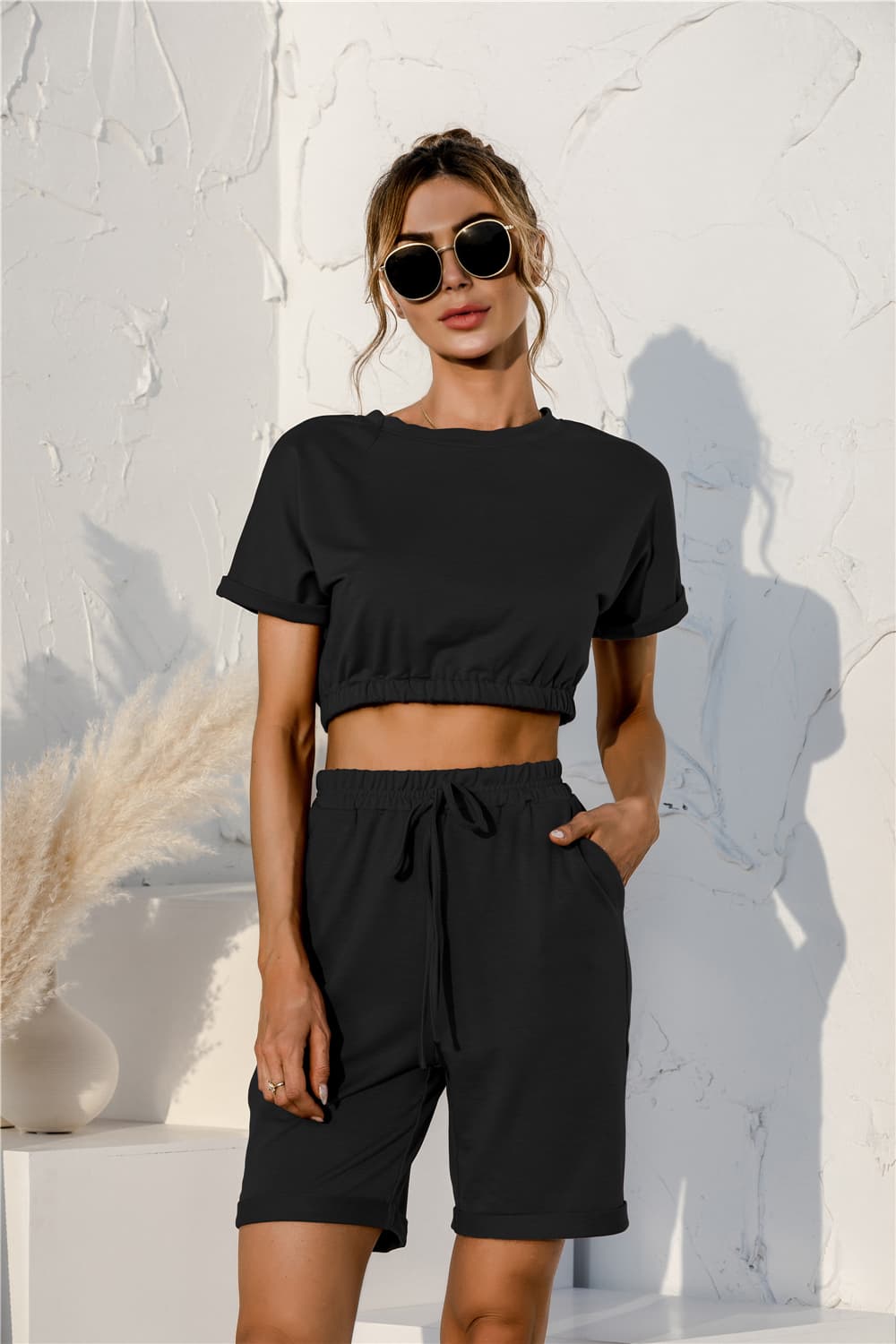 Short Sleeve Cropped Top and Drawstring Shorts Lounge Set by Wild and Free Boutique