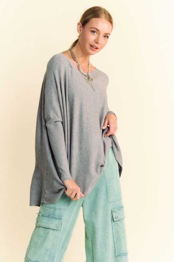 Davi & Dani Round Neck Dropped Shoulder Long Sleeve Knit Top by Wild and Free Boutique