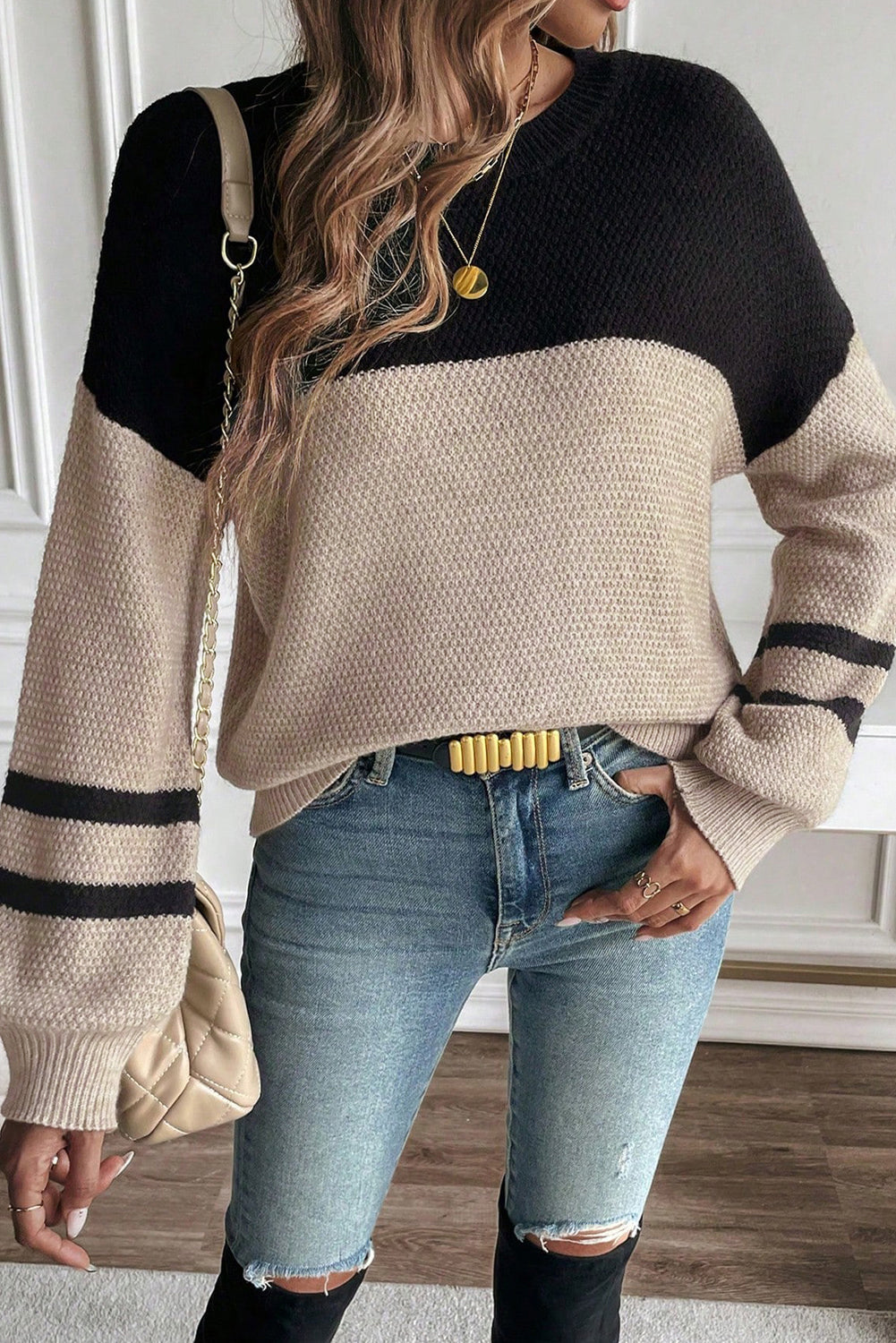 Dark Brown Color Block Knit Striped Sleeve Detail Casual Sweater by Wild and Free Boutique