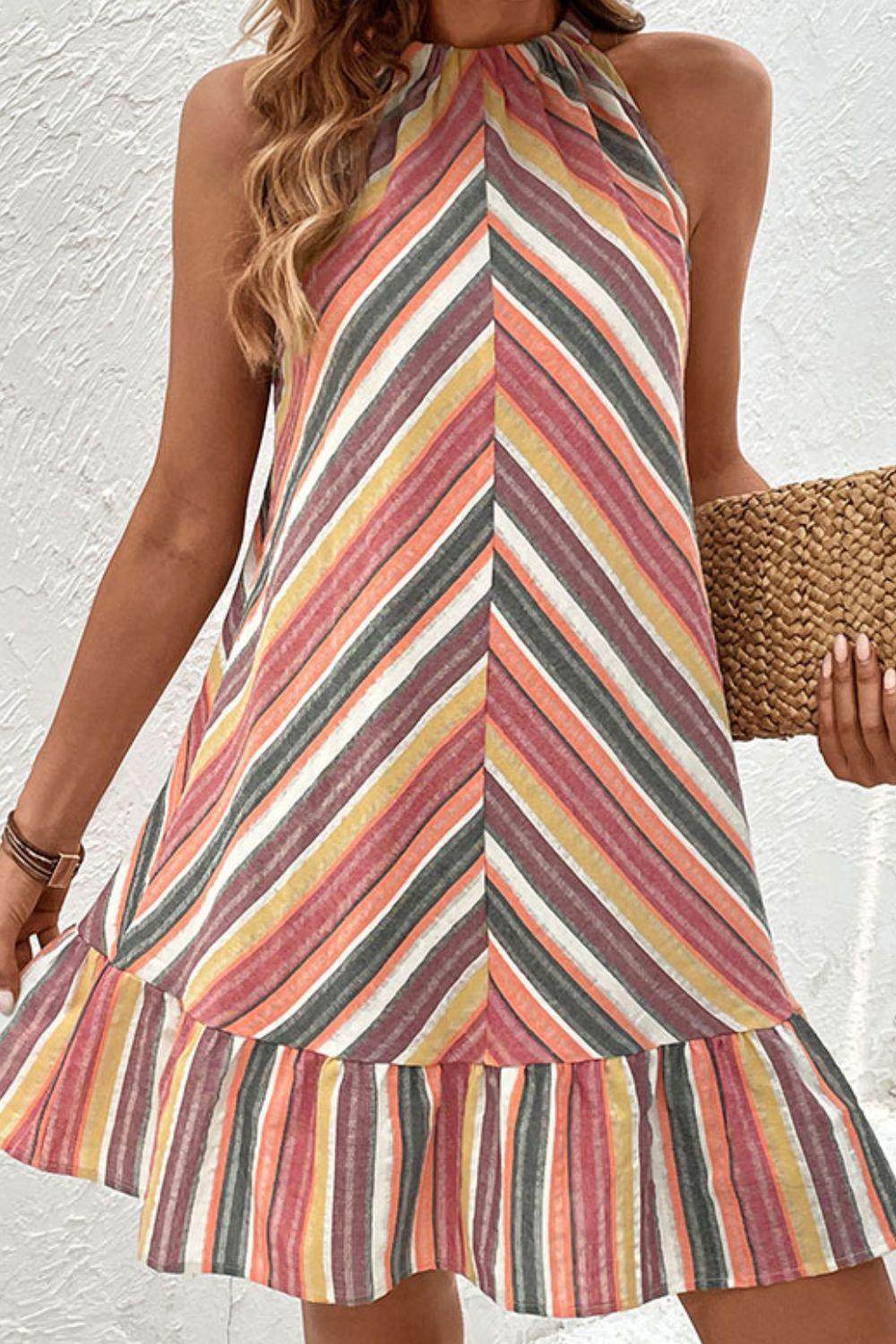 Perfee Striped Round Neck Sleeveless Mini Dress for Women by Selvanelle