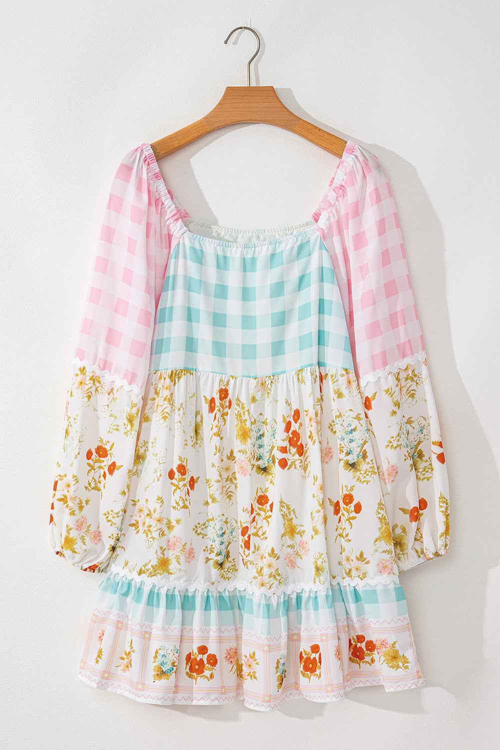 Pink Ric Rac Plaid Floral Print Patchwork Bubble Sleeve Dress by Wild and Free Boutique