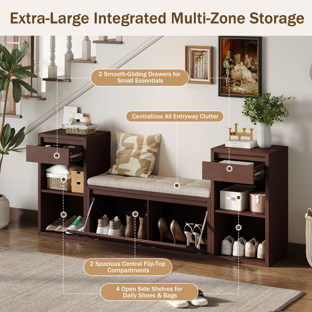 Entryway Storage Bench With Cushion, Drawers & Open Shelves by Unique Piece Furniture