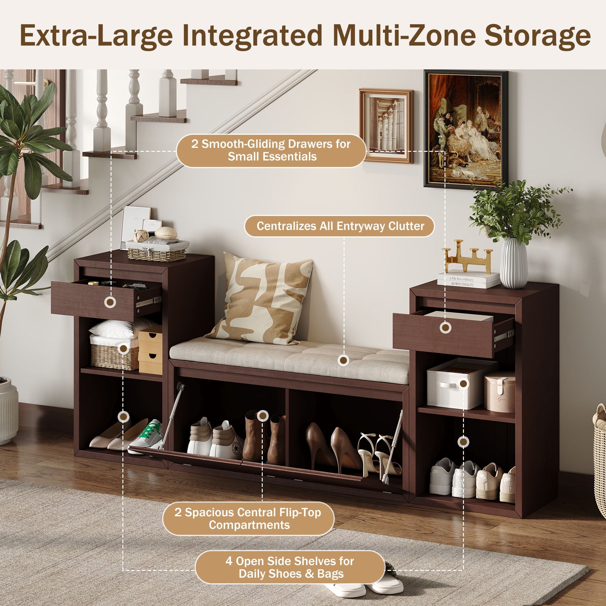 Entryway Storage Bench With Cushion, Drawers & Open Shelves by Unique Piece Furniture