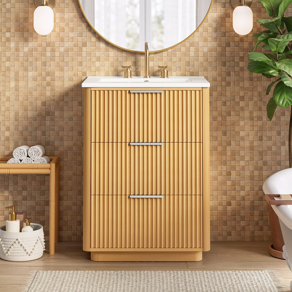 Bathroom Vanity With Sink, Open Shelf & Closed Storage - Natural Wood by Unique Piece Furniture