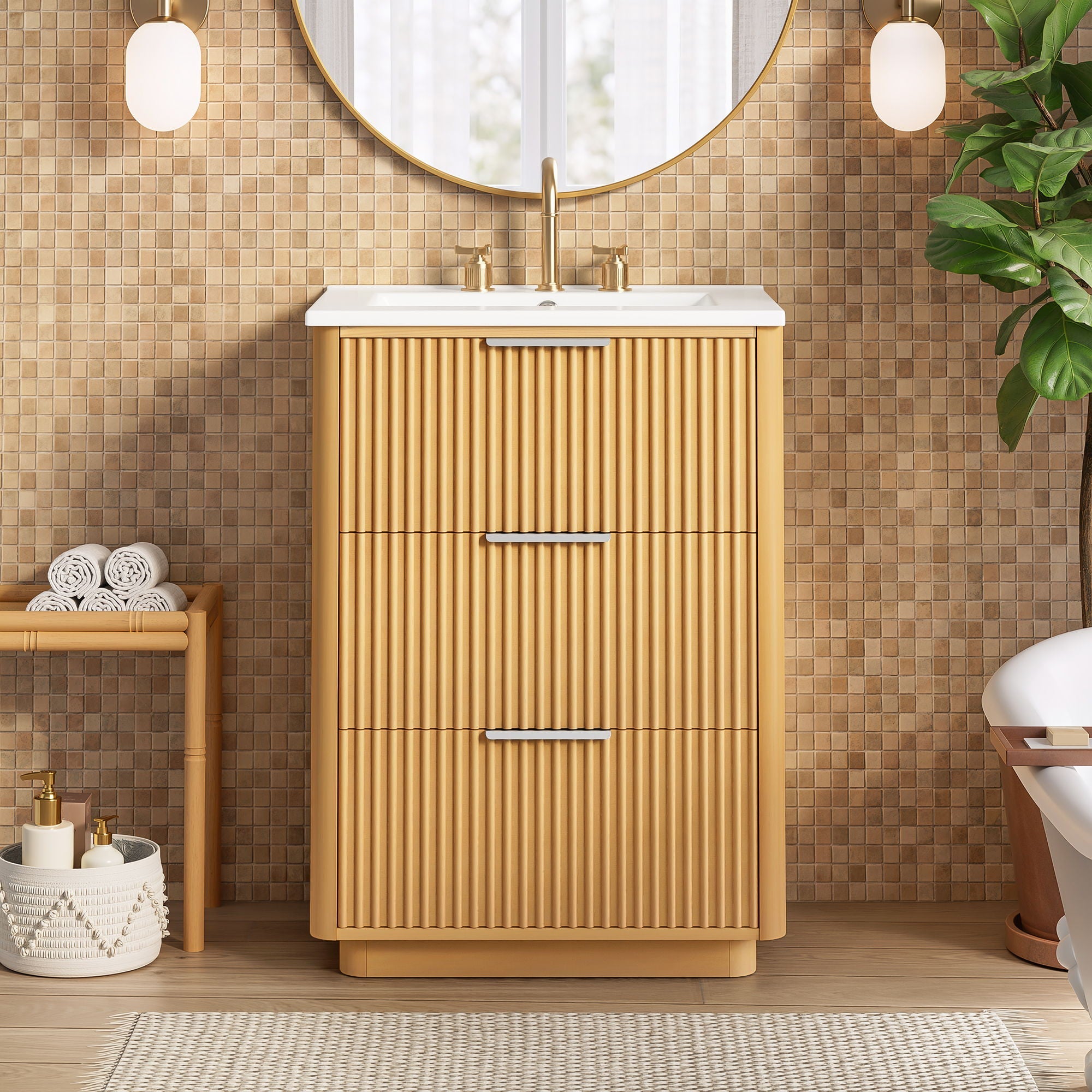 Bathroom Vanity With Sink, Open Shelf & Closed Storage - Natural Wood by Unique Piece Furniture