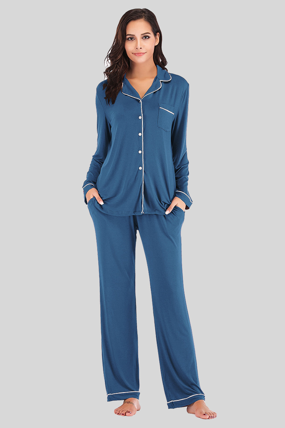 Collared Neck Long Sleeve Loungewear Set with Pockets by Wild and Free Boutique