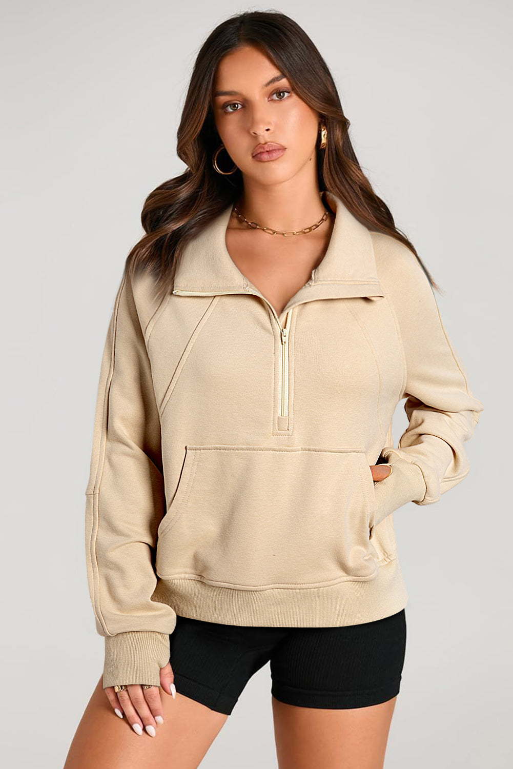 Smoke Green Quarter Zip Stand Neck Kangaroo Pocket Sweatshirt by Wild and Free Boutique