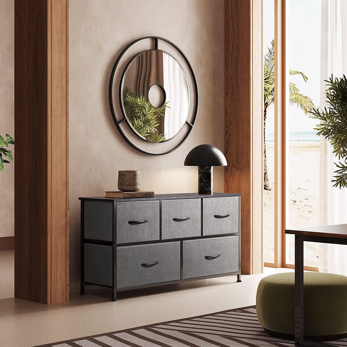 5 Drawer Dark Grey Fabric Chest With Wood Top Bedroom by ShipItFurniture