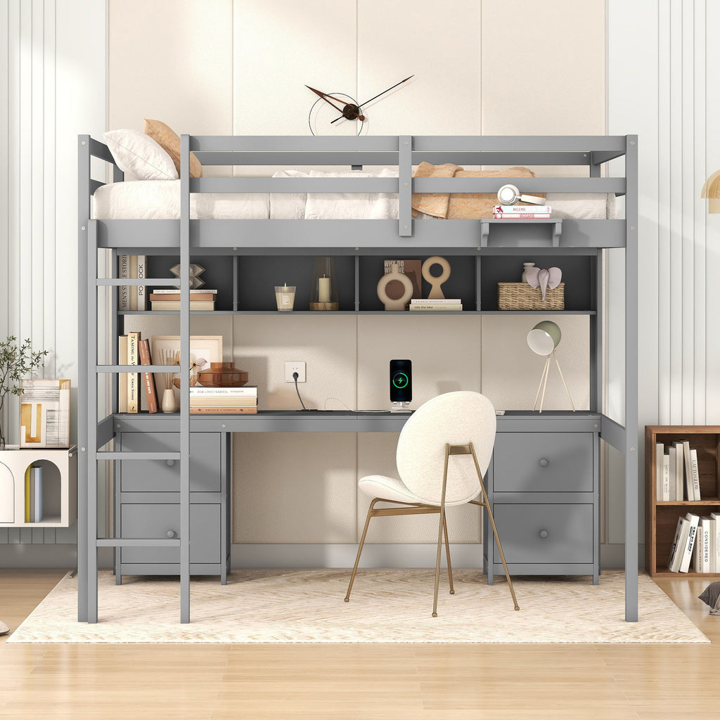 Loft Bed With Desk, Cabinets, Drawers, Charging Station And Bedside Tray by Unique Piece Furniture