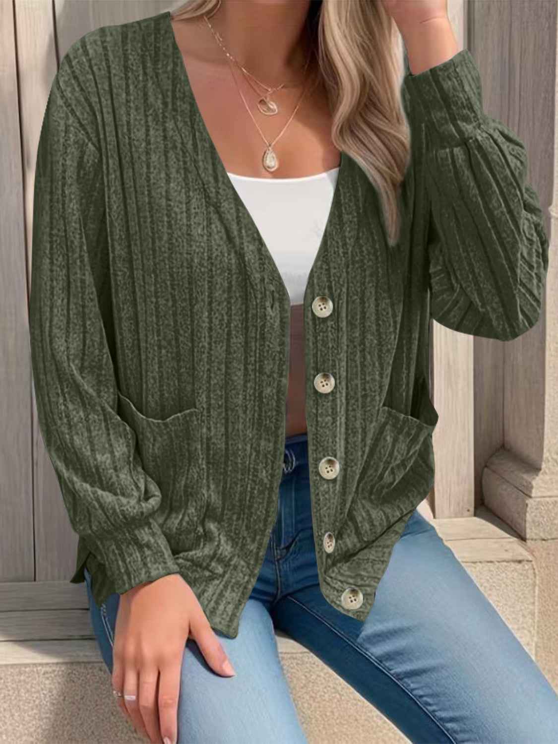 Full Size Button Up V-Neck Long Sleeve Cardigan by Wild and Free Boutique