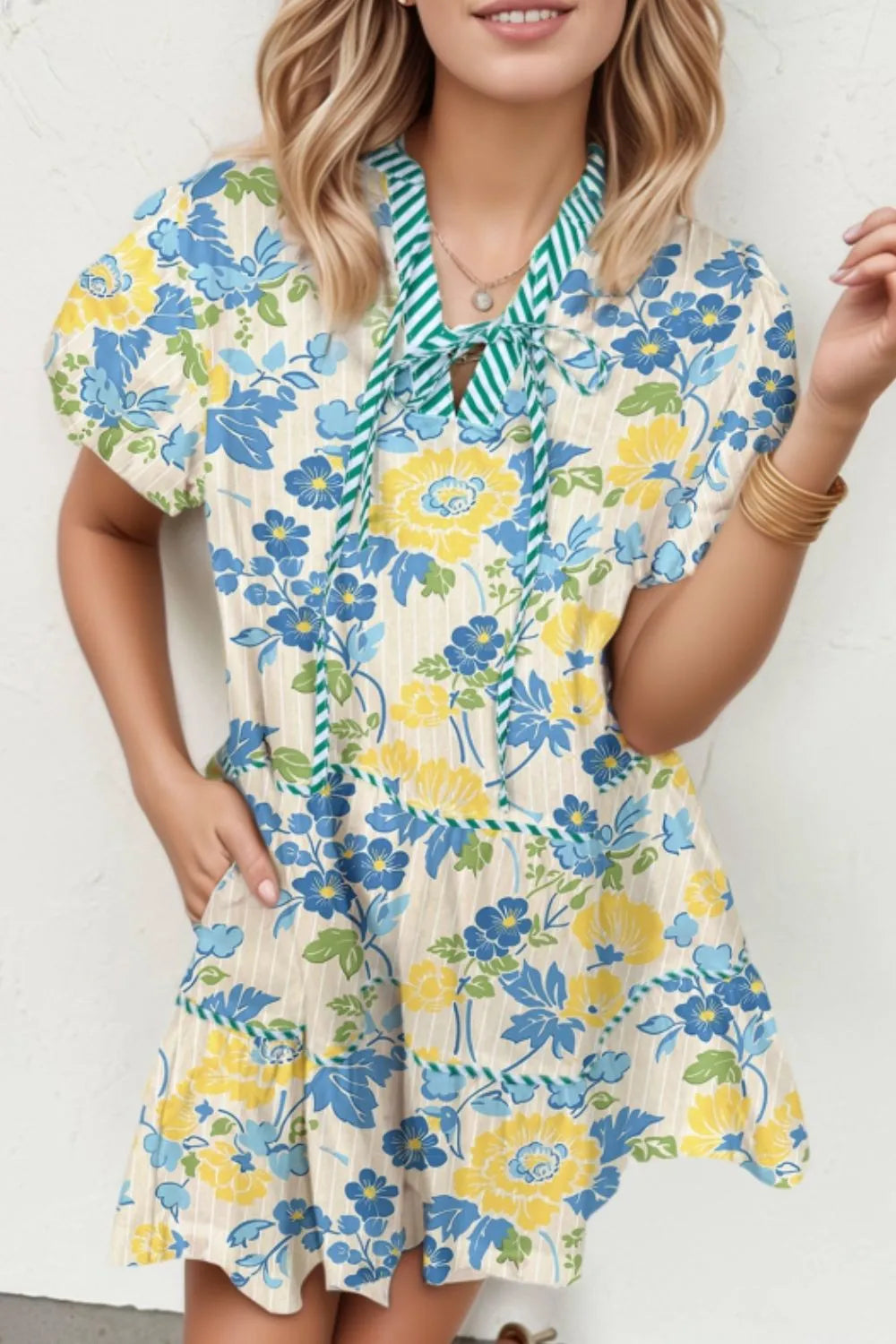 Floral Striped Trim Puff Short Sleeve Dress by Simply Love