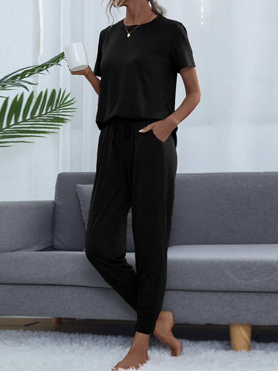 Shiny Round Neck Short Sleeve Top and Pants Set by Wild and Free Boutique