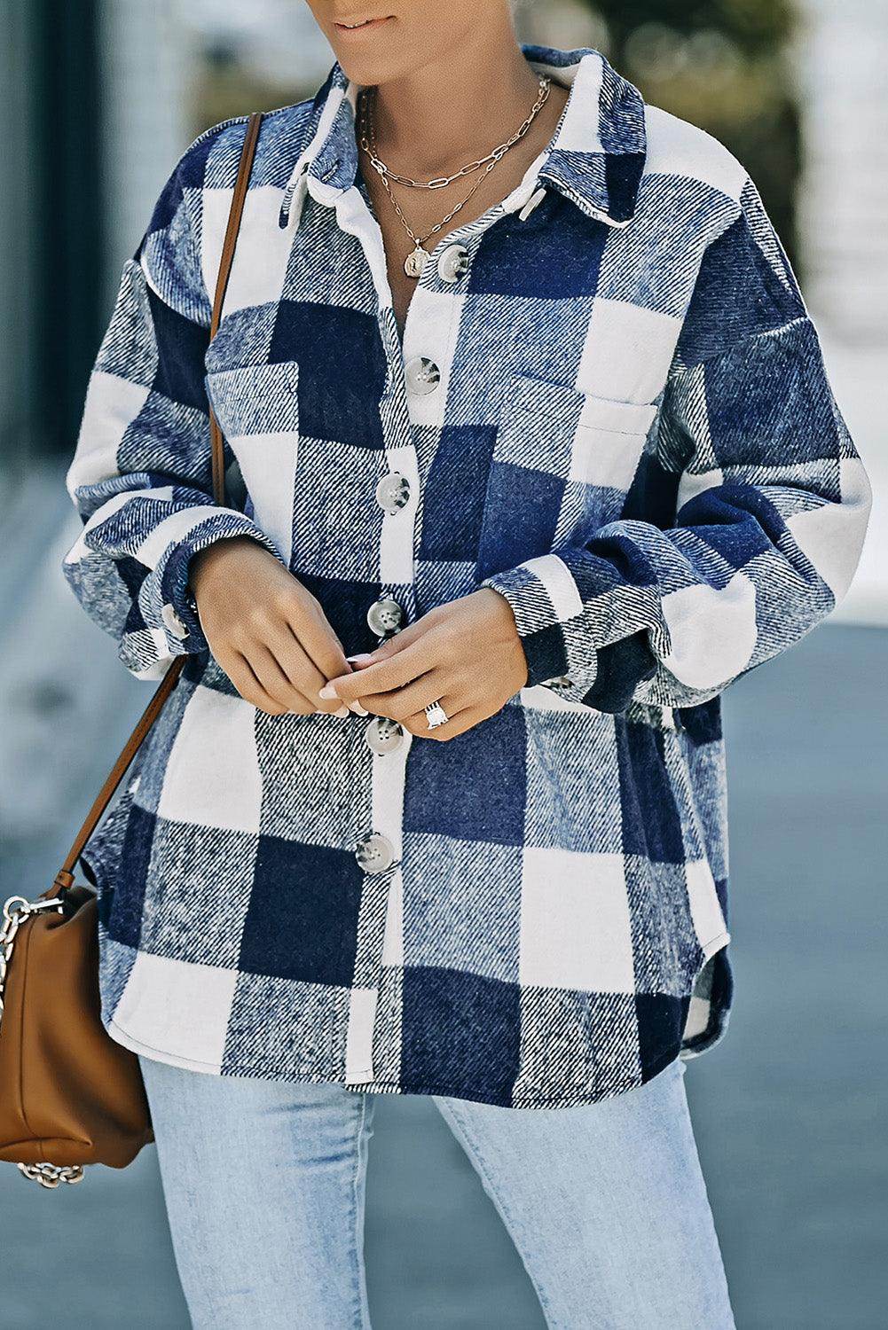 Plaid Button Up Dropped Shoulder Jacket for Women Stylish by Selvanelle
