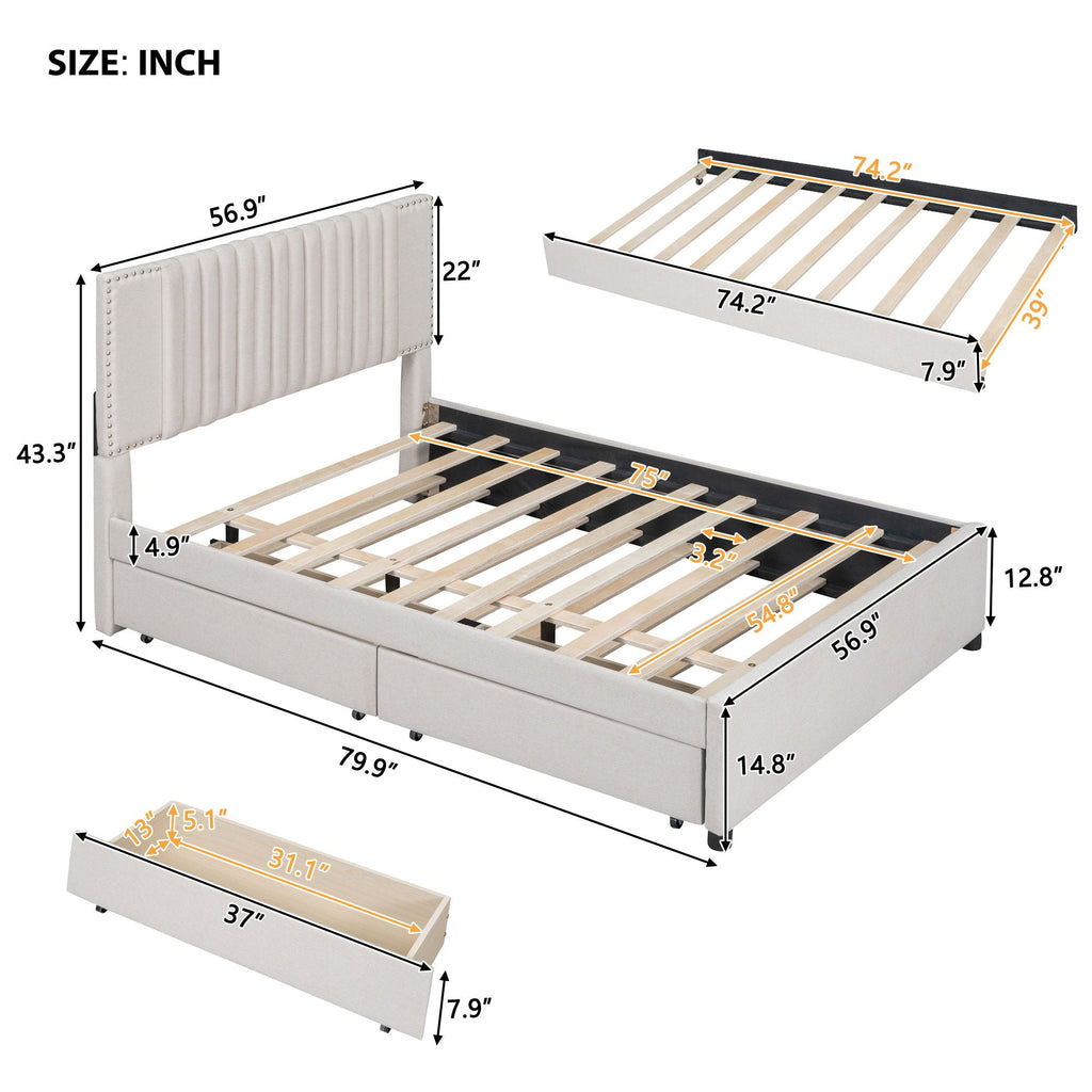 Upholstered Platform Bed With Drawers, Classic Headboard Design by Unique Piece Furniture