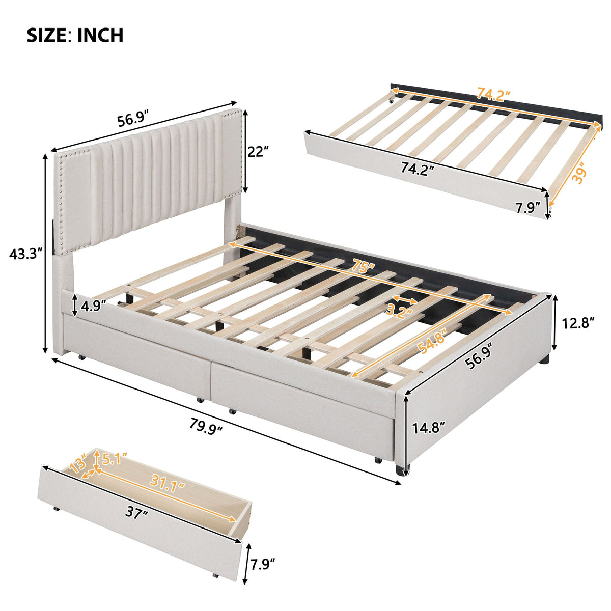 Upholstered Platform Bed With Drawers, Classic Headboard Design by Unique Piece Furniture