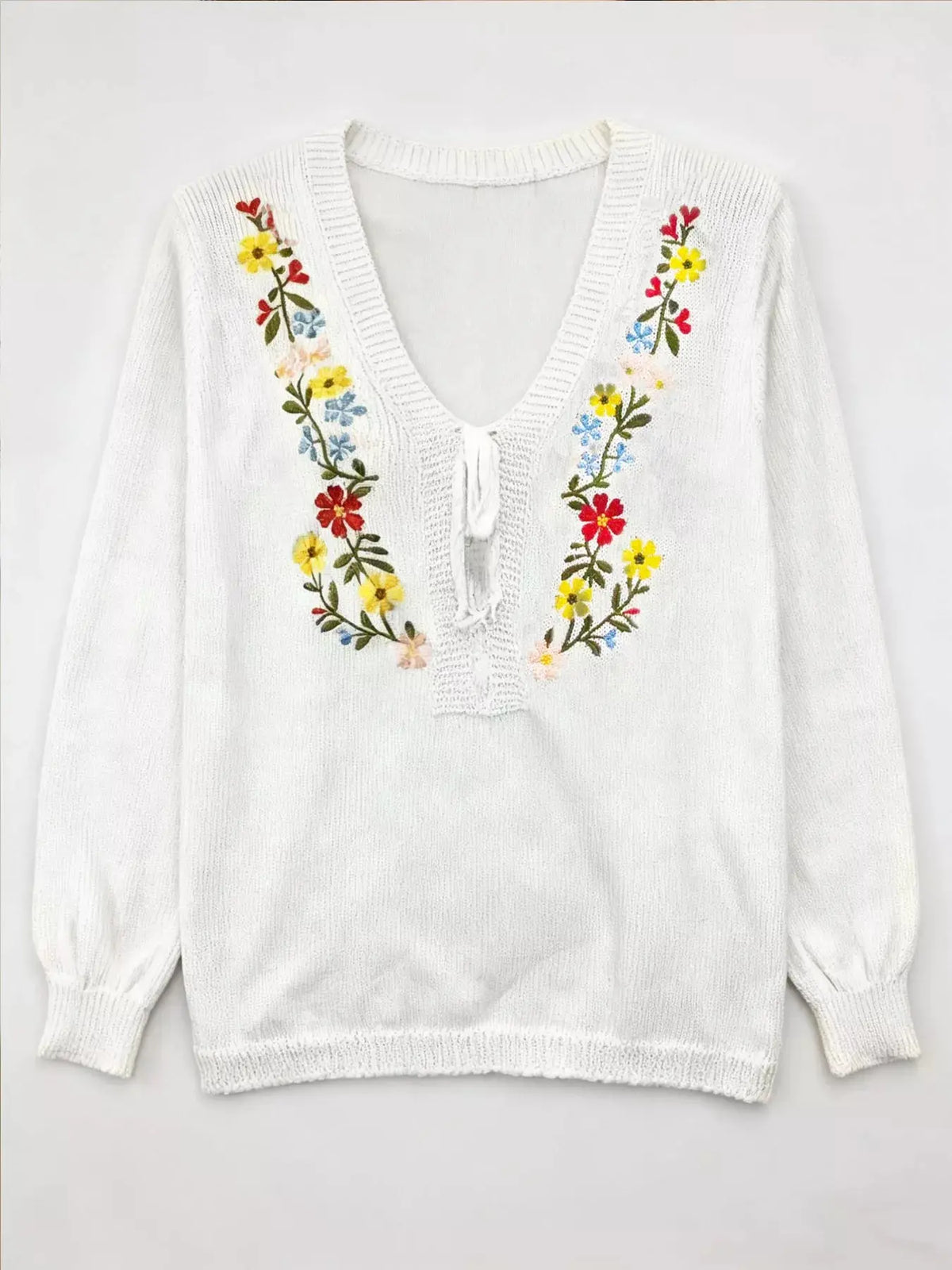 Floral Embroidered V Neck Sweater