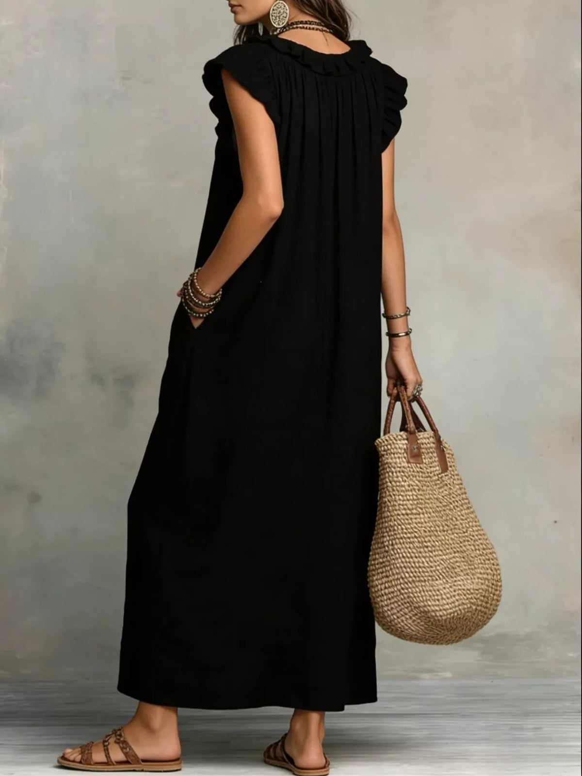 Full Size Ruffled V-Neck Cap Sleeve Maxi Dress Plus Size by Shopiebay