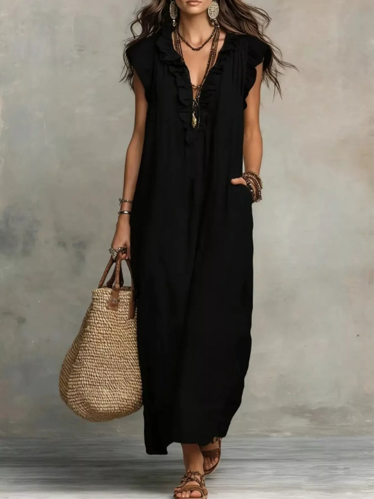 Full Size Ruffled V-Neck Cap Sleeve Maxi Dress Plus Size by Shopiebay