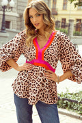 Khaki Cheetah Color Block V Neck Balloon Sleeve Babydoll Blouse by Wild and Free Boutique
