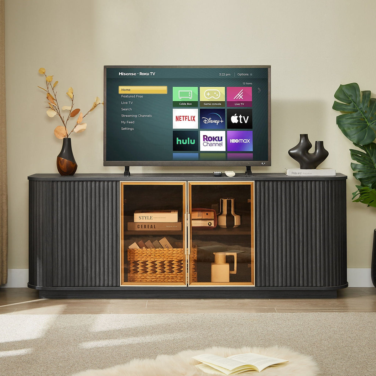 Modern 64" Wavy TV Cabinet With LED Lights - Black by Unique Piece Furniture
