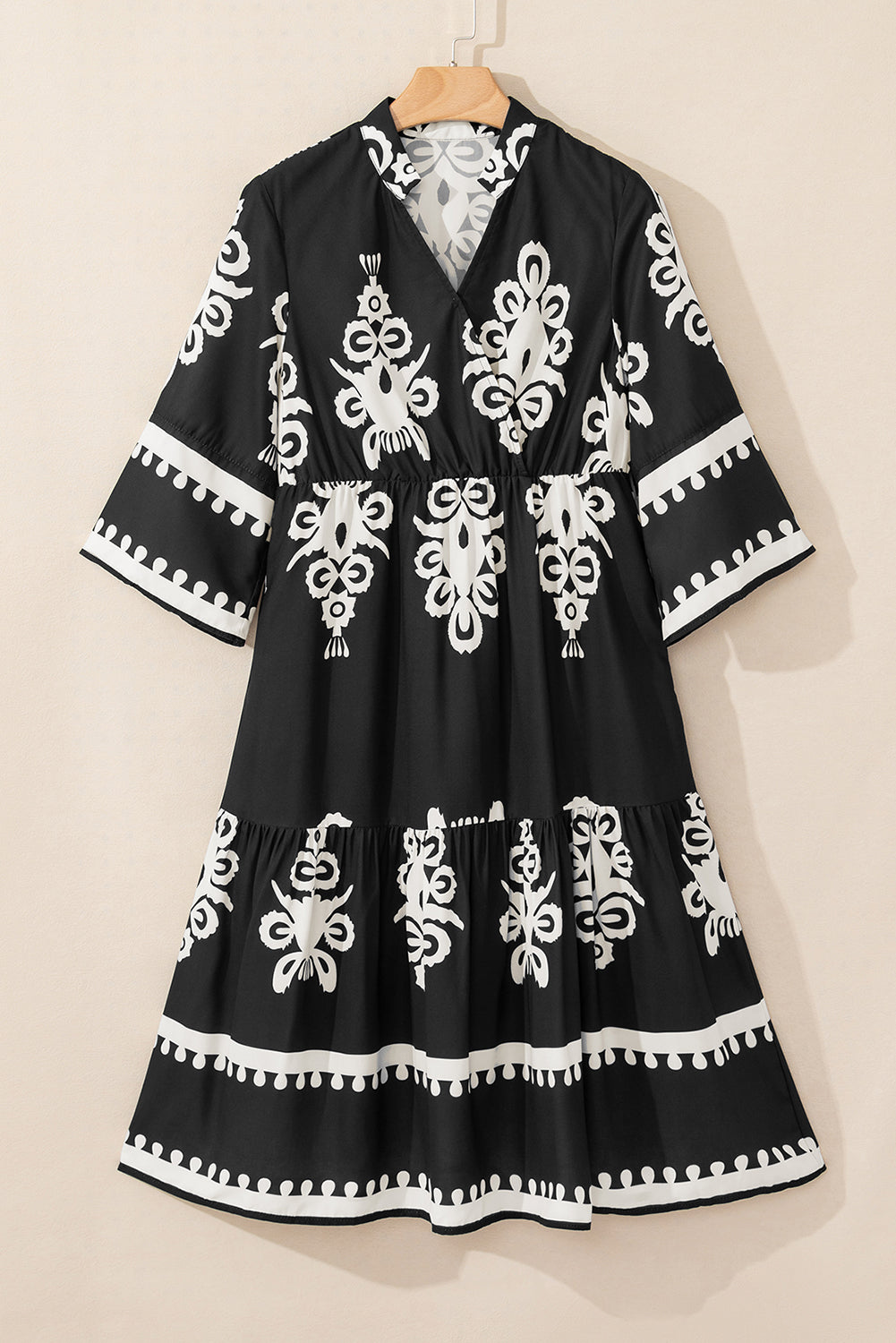 Black Western Geometric Print 3/4 Sleeve Loose Midi Dress by Wild and Free Boutique