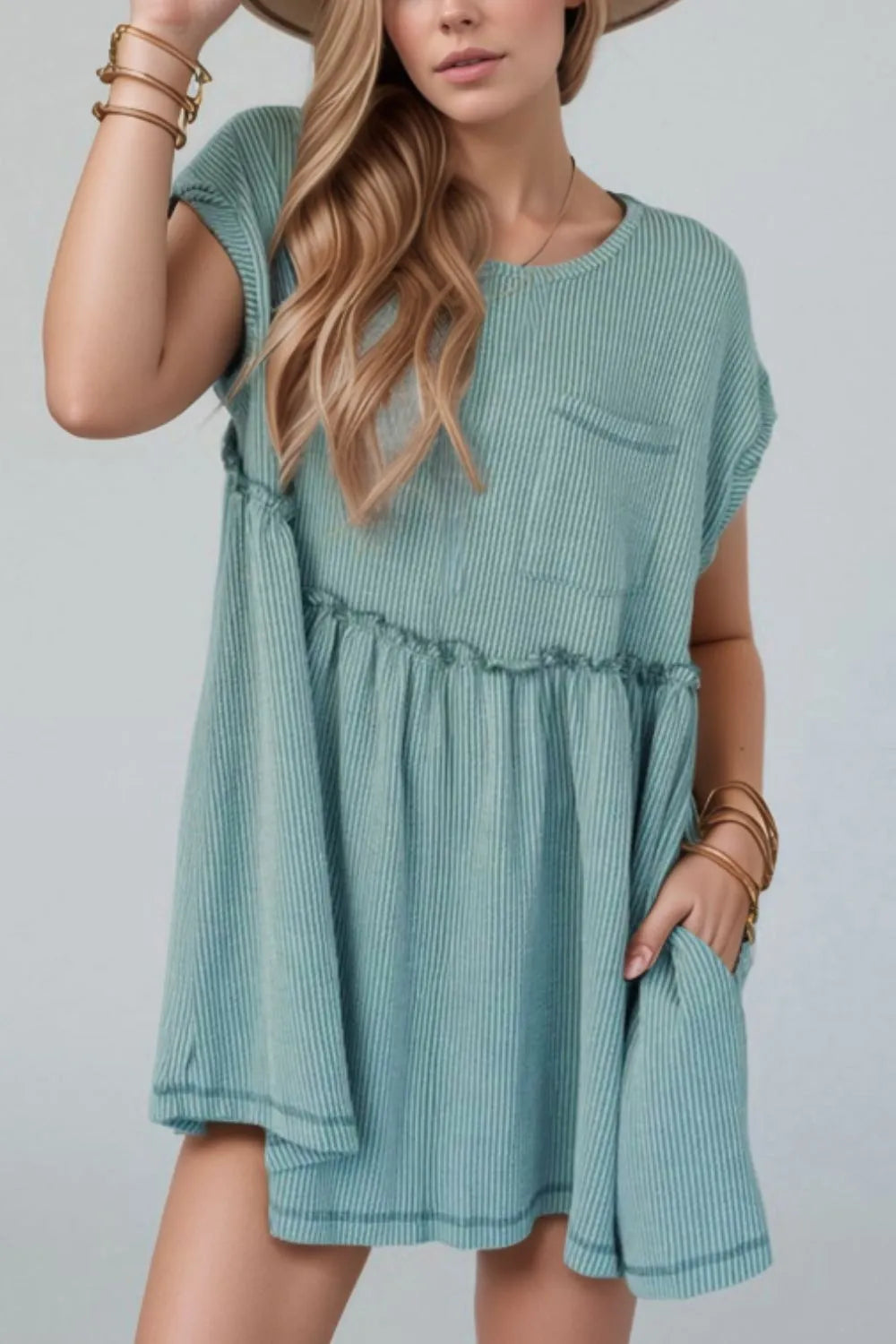 Frill Round Neck Cap Sleeve Mini Dress by Simply Love