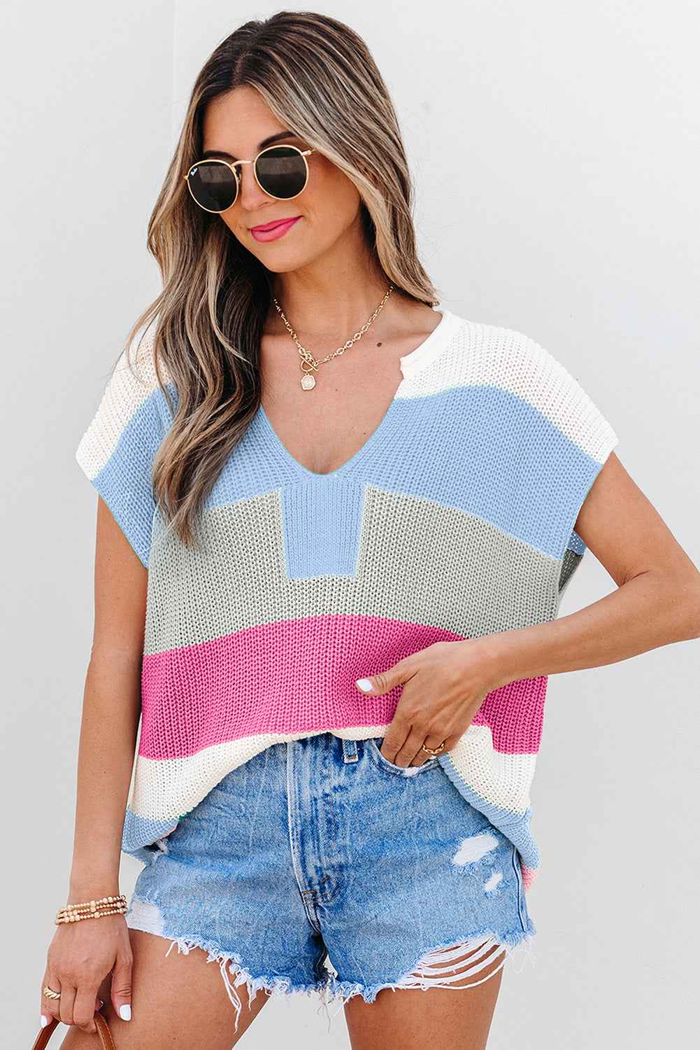 Light Blue Color Block Notch V Neck Sweater T Shirt by Dear-Lover Dropshipping