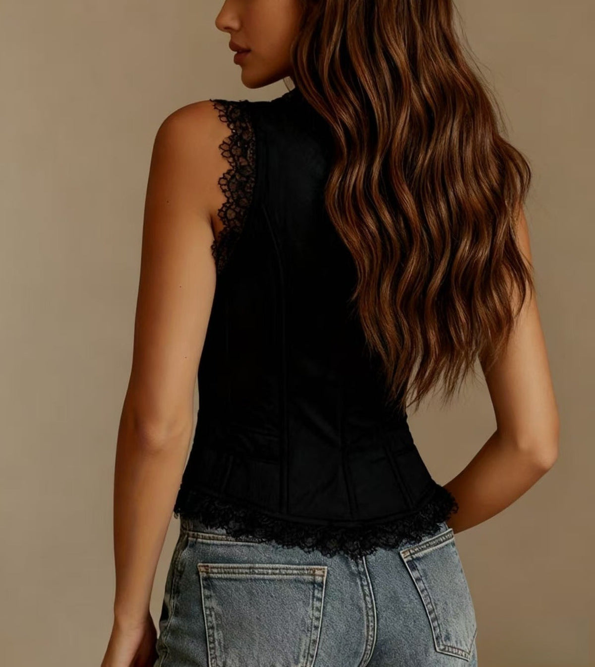 Lace Trim Button-Down Crop Tank Vest Women by FitiqueFit