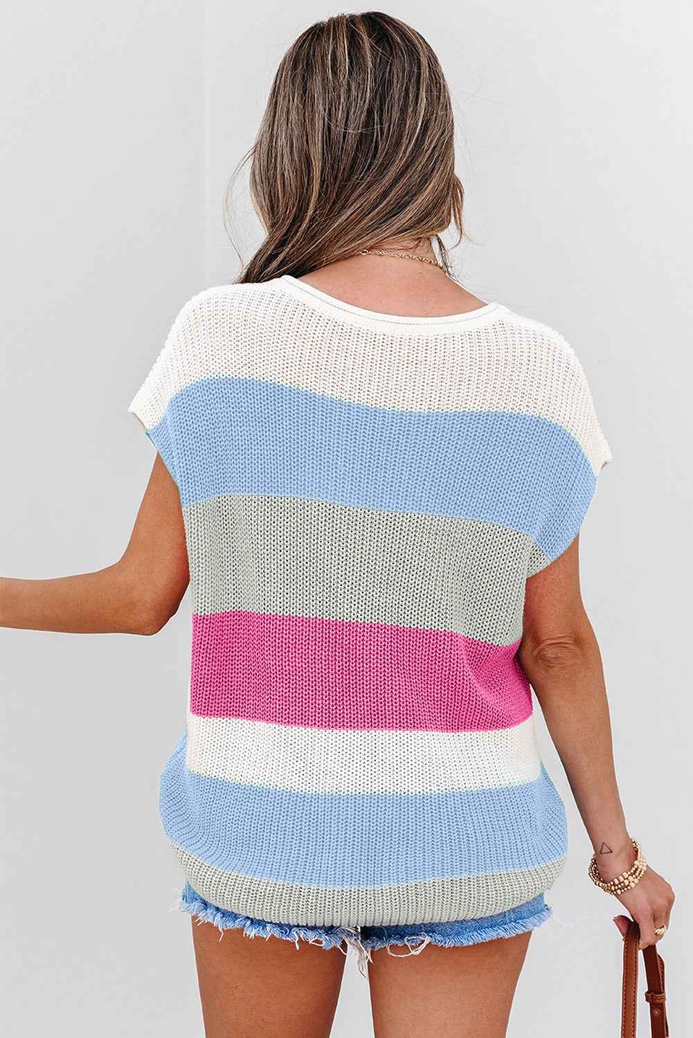 Light Blue Color Block Notch V Neck Sweater T Shirt by Dear-Lover Dropshipping