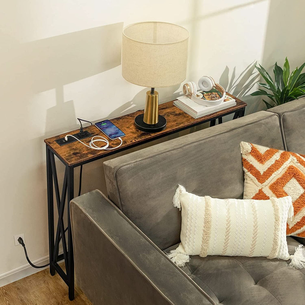 Rustic Brown Sofa Table With Power Outlet And USB Ports by ShipItFurniture